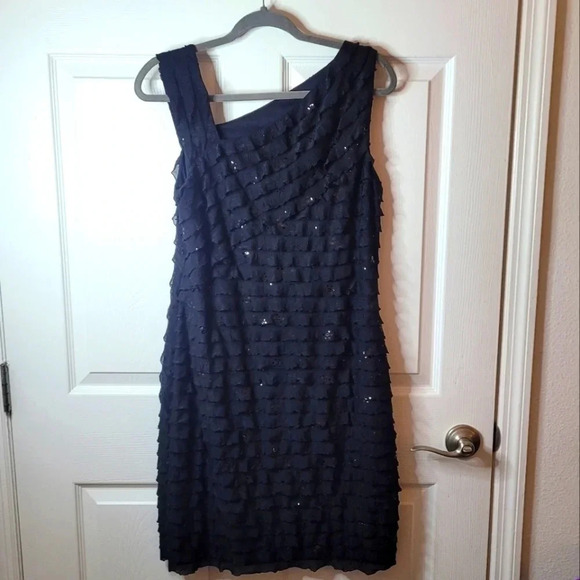 Amanda Lane Women's Asymmetrical Black Sequined Jeweled Neckline Ruffled Dress. - Picture 2 of 8